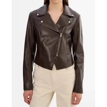 Load image into Gallery viewer, Women Brown Lambskin Leather Cropped Biker Jacket with Asymmetrical Zip
