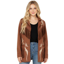 Load image into Gallery viewer, Women Brown Suede Western Jacket With Fringe in Handmade Embroidered Moto Style