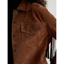 Load image into Gallery viewer, Women Dark Beige Suede Leather Fringe Jacket with Boho Longline Style
