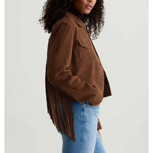 Load image into Gallery viewer, Women Dark Beige Suede Leather Fringe Jacket with Boho Longline Style