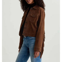 Load image into Gallery viewer, Women Dark Beige Suede Leather Fringe Jacket with Boho Longline Style