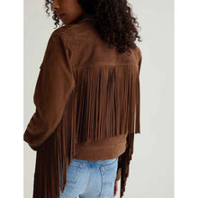 Load image into Gallery viewer, Women Dark Beige Suede Leather Fringe Jacket with Boho Longline Style