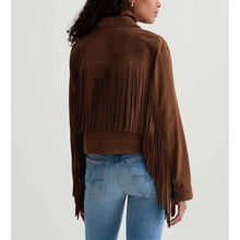 Load image into Gallery viewer, Women Dark Beige Suede Leather Fringe Jacket with Boho Longline Style
