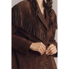 Load image into Gallery viewer, Women Dark Brown Suede Leather Fringe Jacket with Boho Longline Style