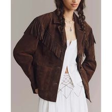 Load image into Gallery viewer, Women Dark Brown Suede Leather Fringe Jacket with Boho Longline Style