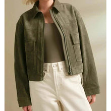 Load image into Gallery viewer, Women Green Suede Leather Trucker Jacket with Zip Front Style