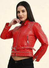 Load image into Gallery viewer, Women Red Studded Leather Jacket