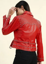 Load image into Gallery viewer, Women Red Studded Leather Jacket