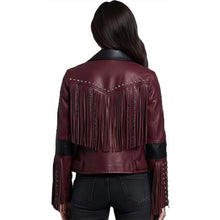 Load image into Gallery viewer, Women Black Faux Leather Biker Jacket In Brando Style With Studded Fringe Detail
