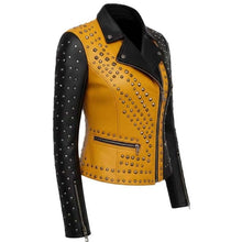Load image into Gallery viewer, Women's Yellow and Black Real Leather Biker Jacket with Metal Studded Punk Rock Style