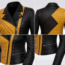 Load image into Gallery viewer, Women's Yellow and Black Real Leather Biker Jacket with Metal Studded Punk Rock Style