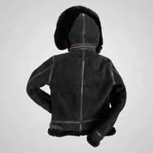 Load image into Gallery viewer, Black leather jacket with fur hood