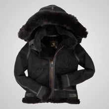 Load image into Gallery viewer, Black shearling jacket with fur-lined hood