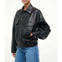 Load image into Gallery viewer, Women's Black Pure Lambskin Leather Bomber Jacket with Oversized Biker Style