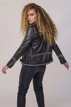 Load image into Gallery viewer, Women's Black Leather Biker Jacket with Silver Spiked Studs