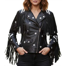 Load image into Gallery viewer, Front view of Glory Store UK womens black leather fringe jacket featuring white star details.
