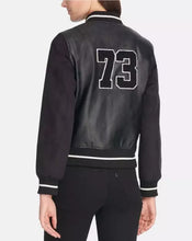Load image into Gallery viewer, Women's Black Media Letterman Varsity Bomber Jacket
