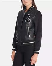 Load image into Gallery viewer, Women's Black Media Letterman Varsity Bomber Jacket