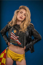 Load image into Gallery viewer, Women's Black Punk Long Silver Spiked Studded Leather Jacket
