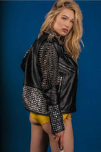 Load image into Gallery viewer, Women's Black Punk Long Silver Spiked Studded Leather Jacket