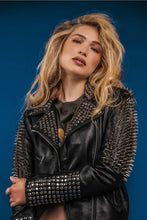 Load image into Gallery viewer, Women's Black Punk Long Silver Spiked Studded Leather Jacket
