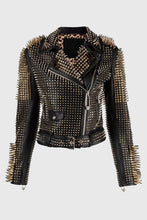 Load image into Gallery viewer, Women's Black Punk Silver Long Spiked Studded Leather Biker Jacket