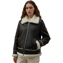 Load image into Gallery viewer, Women's black real sheepskin aviator jacket with faux shearling lining front view
