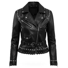 Load image into Gallery viewer, Women's Black Genuine Leather Biker Jacket with Studded Punk Moto Style