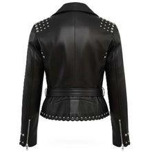 Load image into Gallery viewer, Women's Black Genuine Leather Biker Jacket with Studded Punk Moto Style