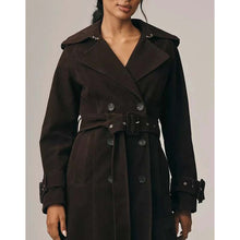 Load image into Gallery viewer, Women's Black Suede Leather Trench Coat with Belted Style and Custom Fit