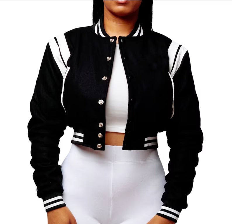 Women s Black Teddy Varsity Bomber Crop Jacket