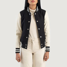 Load image into Gallery viewer, Women's Black & White Leather Varsity Biker Jacket