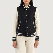 Load image into Gallery viewer, Women's Black & White Leather Varsity Biker Jacket