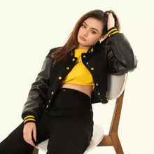 Load image into Gallery viewer, Women's Black Wool & Leather Cropped Varsity Moto Jacket