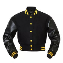 Load image into Gallery viewer, Women's Black Wool & Leather Cropped Varsity Moto Jacket