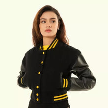 Load image into Gallery viewer, Women's Black Wool & Leather Cropped Varsity Moto Jacket