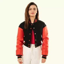 Load image into Gallery viewer, Women's Black Wool & Red Leather Cropped Varsity Biker Jacket