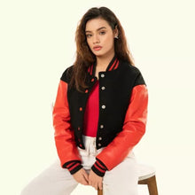 Load image into Gallery viewer, Women's Black Wool & Red Leather Cropped Varsity Biker Jacket