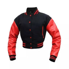 Load image into Gallery viewer, Women's Black Wool & Red Leather Cropped Varsity Biker Jacket