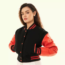 Load image into Gallery viewer, Women's Black Wool & Red Leather Cropped Varsity Biker Jacket
