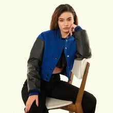Load image into Gallery viewer, Women's Blue Wool & Black Leather Cropped Baseball Biker Moto Varsity Jacket