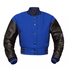 Load image into Gallery viewer, Women's Blue Wool & Black Leather Cropped Baseball Biker Moto Varsity Jacket