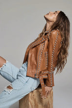 Load image into Gallery viewer, Women's Brown Leather Jacket with Silver Spiked Studs