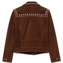 Load image into Gallery viewer, Women's Brown Genuine Leather Biker Jacket with Rivet Studded Retro Punk Style