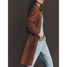 Load image into Gallery viewer, Women's Brown Suede Leather Trench Coat with Custom Made Tailored Fit