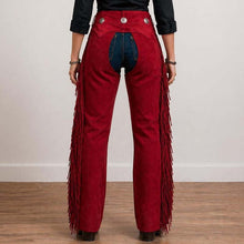 Load image into Gallery viewer, Women's Buckskin Suede Leather Chaps with Long Fringe in Western Rodeo Style