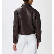 Load image into Gallery viewer, Women's Dark Brown Suede Leather Trucker Jacket with Collared Style and Inner Pockets