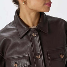 Load image into Gallery viewer, Women's Dark Brown Suede Leather Trucker Jacket with Collared Style and Inner Pockets