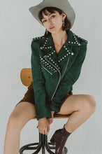 Load image into Gallery viewer, Women's Green Studded Spiked Motorcycle Leather Jacket