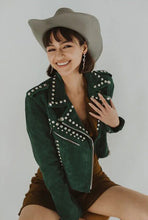 Load image into Gallery viewer, Women's Green Studded Spiked Motorcycle Leather Jacket